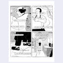 A four-panel black and white comic strip with dialogue bubbles, showing a person in a cap talking to another person, a hand holding a potato, and a hallway scene with people.