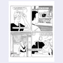 A four-panel black and white comic-style print with speech bubbles and illustrated people in an indoor scene, presented on a white page against a light gray background.