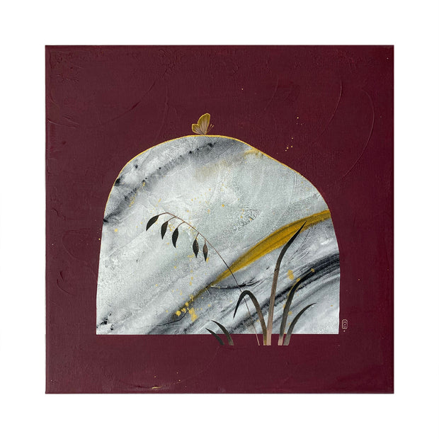 Collage style painting on solid burgundy canvas of a grey marble patterned rock with gold streaks. A small gold butterfly sits atop the rock and blades of tall grass stand in the right corner.