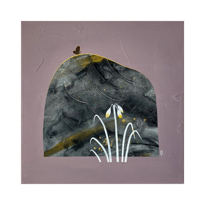 Collage style painting on solid mauve colored canvas of a rock with grey marble patterning and gold streaks. A small black butterfly sits atop the rock with blades of white grass in the lower right.