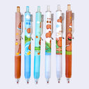 Set of six cartoon capybara-themed pens with colorful designs themed around nature