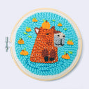 Embroidery hoop with a punch needle artwork of a capybara partially submerged in blue water with citrus fruits around it.