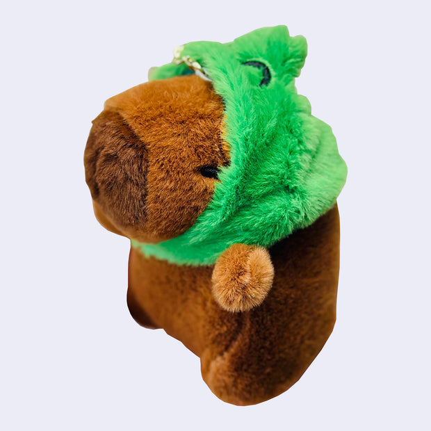 Plush keychain of a capybara with frog hood hat.