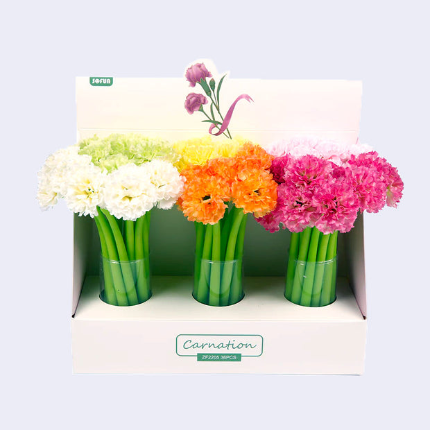 Display case of 36 flower topped gel pens, with green pen bodies and colorful fabric carnations atop the pen. Colors are white, green, yellow, orange, pink or red.
