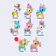 8 different carnival themed unicorn figures, all different colors with item decorating their bodies that follow the theme. Options include: clown, magician, sweets, harlequin, ferris wheel, carousel, prize and celebration lantern.