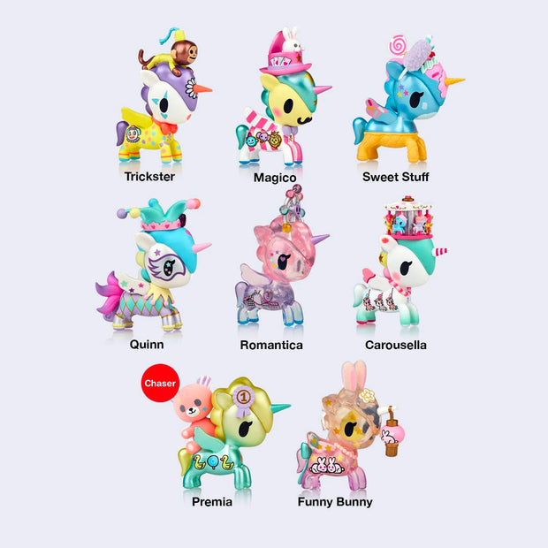 8 different carnival themed unicorn figures, all different colors with item decorating their bodies that follow the theme. Options include: clown, magician, sweets, harlequin, ferris wheel, carousel, prize and celebration lantern.