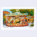 A colorful art print depicting a carousel in France, painted in an impressionistic style with green trees, blue sky, and warm-toned buildings. 