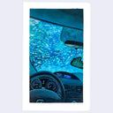 Painting of the inside of a car going through a car wash, with blue soap illuminating the car.