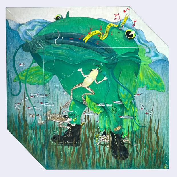 Painting of a very large catfish, with legs wearing a pair of combat boots. Its head is very large and contained within a cube terrarium. Small frogs wearing beanies swim and sing around it and small sardine like fish also swim and sing nearby.