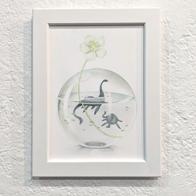 Soft, simplistic colored pencil drawing of a glass orb with water in it and a single white orchid flower popping out of the orb. Floating in the water are 2 Loch Ness Monsters, simplistic in outline and cute.