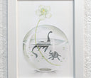 Soft, simplistic colored pencil drawing of a glass orb with water in it and a single white orchid flower popping out of the orb. Floating in the water are 2 Loch Ness Monsters, simplistic in outline and cute.