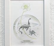 Soft, simplistic colored pencil drawing of a glass orb with water in it and a single white orchid flower popping out of the orb. Floating in the water are 2 Loch Ness Monsters, simplistic in outline and cute.