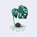 Sticker of a small black soot sprite relaxing under a green leaf.
