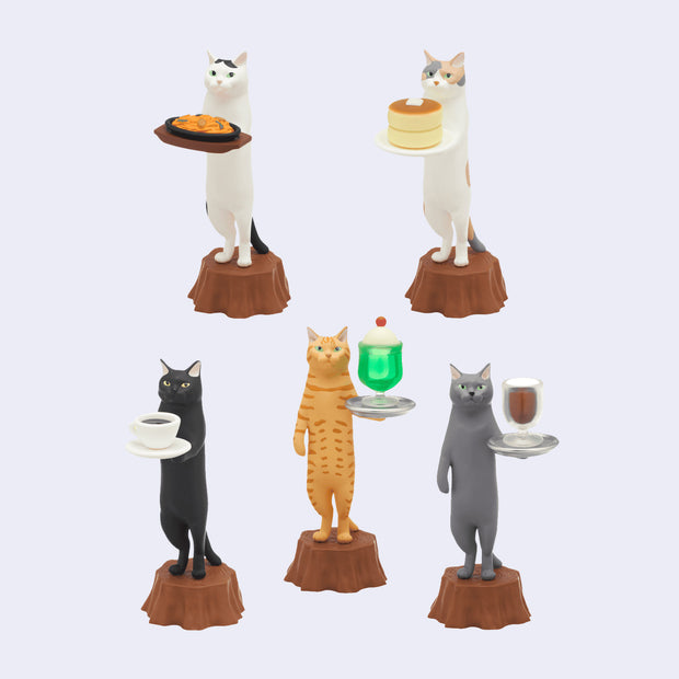 5 small plastic cat figures, all different colorings. They each stand up on a wooden stump and hold a different cafe item. Options include: pasta, pancakes, coffee, soda, or dessert.