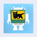 Dark green outlined enamel pin with a yellow center of a mother cat carrying a small baby cat in its mouth. Below in white writing is Giant Robot in English and Japanese kanji. On blue backing board.