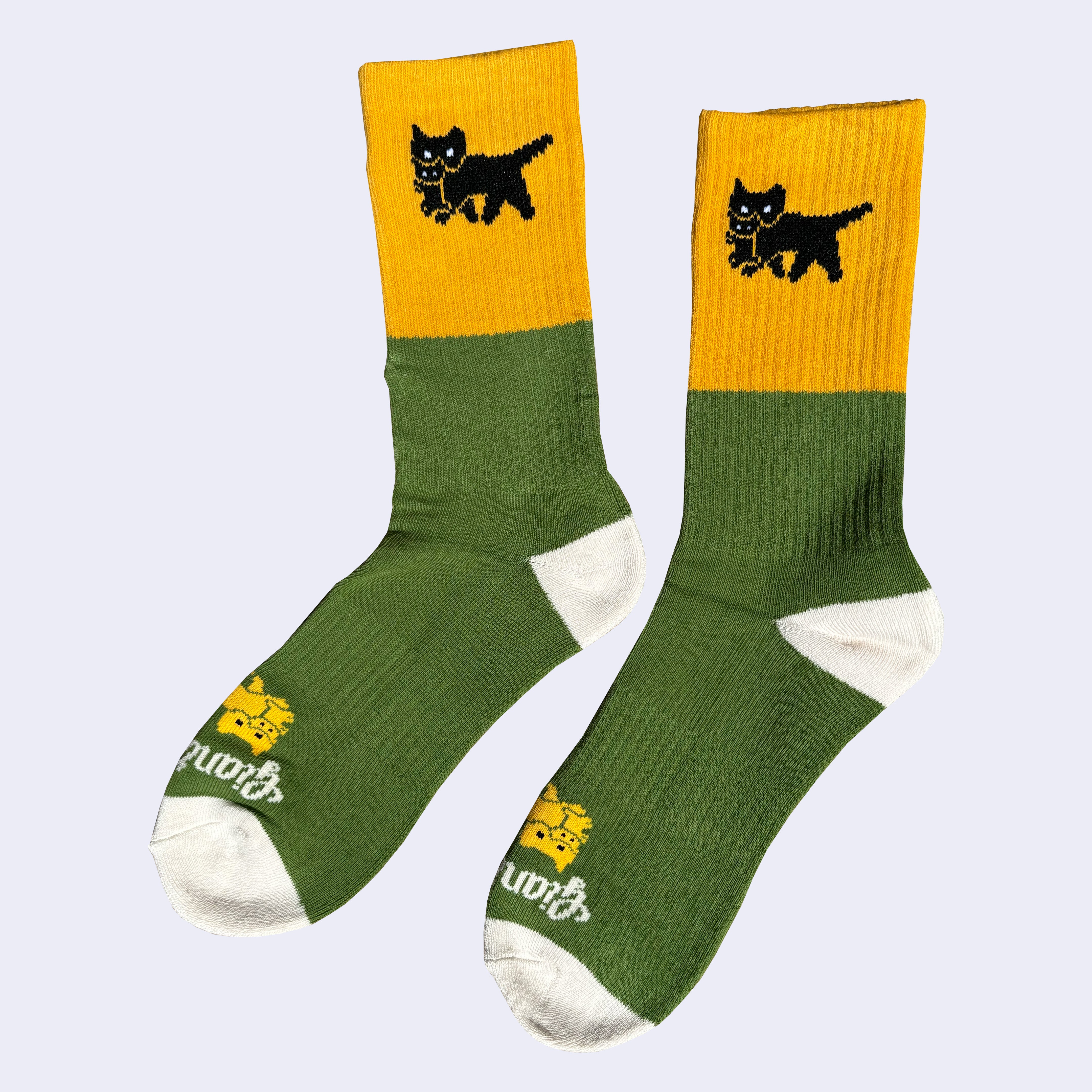 Giant Robot - Cat Carry Fragile Socks (Olive Green w/ Yellow