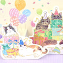 A cute cat-themed birthday pop-up card with watercolor illustrations of cats, gifts, balloons, and confetti on a pastel background.