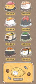 Promo graphic advertising the 9 different designs of sushi cat figures you can get. All cats are boxy, with fish adornments on top or around them, depicting different sushi menu items. 