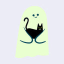 A stylized ghost-shaped graphic in pale yellow-green with a black cat and blue curved lines inside, on a light lavender background.