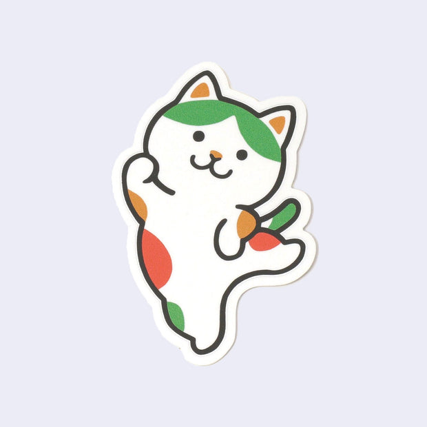 Cartoon cat sticker with colorful design on a light purple background