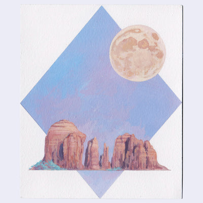 Painting of a small series of rocky bluff formations. A diamond shaped blue and pink sky is in the background with a cratered moon in the top right.