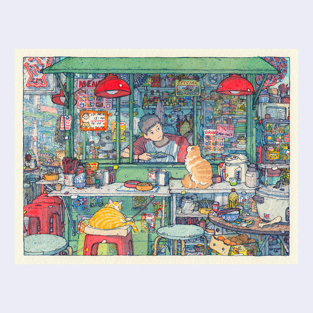 Very detailed watercolor and ink illustration of a person manning a food counter street shop, with a large window for serving guests. At the counter and on the stools are 2 orange striped cats, lounging around and one interacting with the shopkeep.