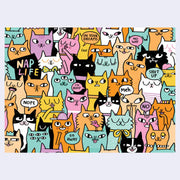 Illustration of various cartoon cats with different expressions and text bubbles on a light purple background.