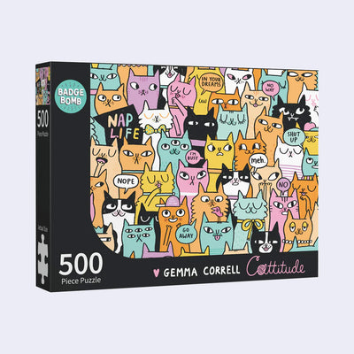 Jigsaw puzzle box with colorful cat illustrations and Gemma Correll branding on a white background