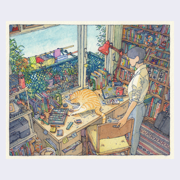 Very detailed watercolor and ink illustration of a person standing, pulling out their chair from a messy desk in a very cluttered room. An orange cat sleeps on the middle of the small desk, taking up all the room.