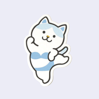 Cartoon cat sticker with blue hair and bow on a light purple background