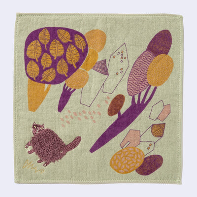 Fluffy Burgundy Cat w/ Houses Square Towel/Handkerchief (Sage Green)