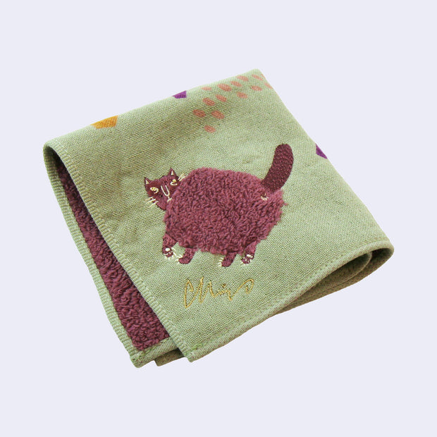 Fluffy Burgundy Cat w/ Houses Square Towel/Handkerchief (Sage Green)