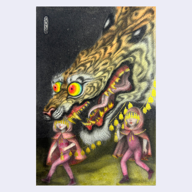 Illustration of a crazed looking tiger, with large rainbow eyes and an open mouth, exposing a sharp tongue and sharp yellow teeth. Below, are 2 small girls holding tassels and walking while wearing matching pink leotards.