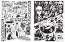 Open 2 page zine booklet spread of scanned and illustrated black and white imagery of a cemetery and various skulls and occultist imagery.