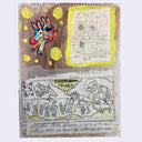 Stylistically messy collage style drawing of several cartoon sketches.