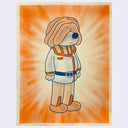 Risograph print in orange and blue of a dog standing and wearing a space-suit like outfit. The dog has a thick mop-like hair covering its eyes and rest of face aside from its snout.