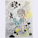 Stylistically messy illustration of a boy holding a scary Mickey Mouse head.