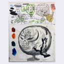 Messy collage style illustration on a letter along with a watercolor of a luchador mask.