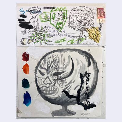 Messy collage style illustration on a letter along with a watercolor of a luchador mask.