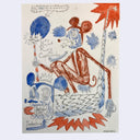 Stylistically messy blue and orange ink illustration of a Mickey Mouse in a suit looking evil.