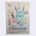 Illustration on grid paper of a kid in a bunny costume holding a crying flower.