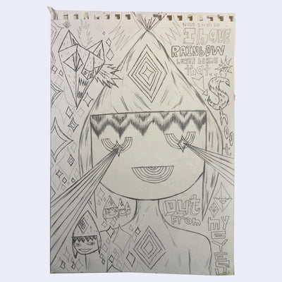 Graphite illustration of a person wearing a cone cat and shooting beams out their eyes.