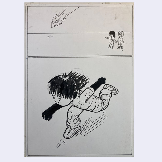 Ink illustration of a kid running.