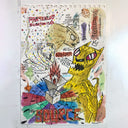 Busy illustration of many drawings atop of one another, like a sketch page of cartoon leopards and energy sources.