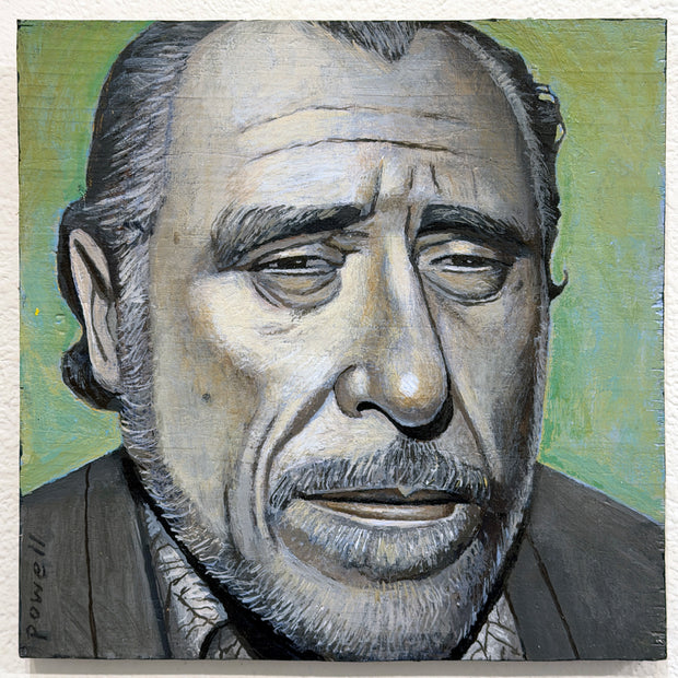 Artistic portrait of Charles Bukowski with a neutral expression on a green background