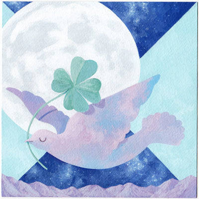 Painting of a blue and purple dove, flying with a large clover in its mouth. Background is a large white moon against a night sky comprised of 4 triangles, making a square. 
