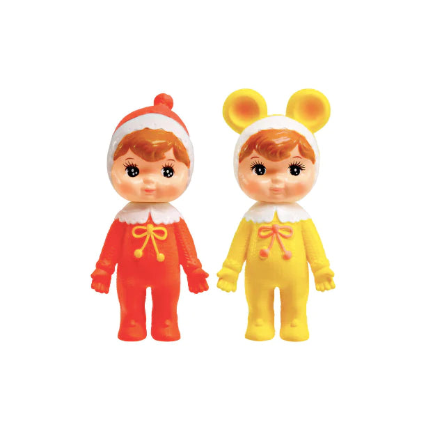 2 Charmy Chan figures, one dressed in red pajamas and a socking cap and the other in yellow, with mouse ears. 