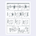 Cartoon strip with a character observing geometric shapes and reflections.
