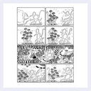 Black and white comic strip with various animals and figures on a light purple background