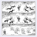 Black and white comic strip with a character and animals in a landscape